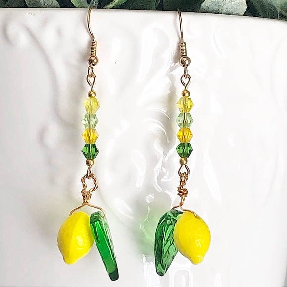 Hand Crafted Jewelry - New Handmade Playful Glass Lemon Drop Citrus Fruit Yellow and Green Earrings